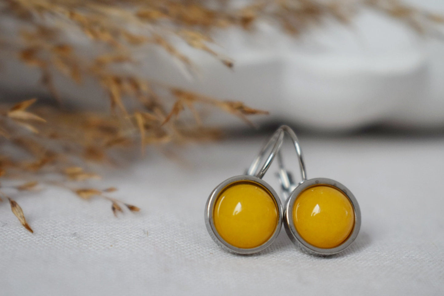 Yellow jade earrings, Gemstone dangle earrings, Leverback earrings stone, 8mm, Small hanging round earrings, Handmade jewelry, Gift for her