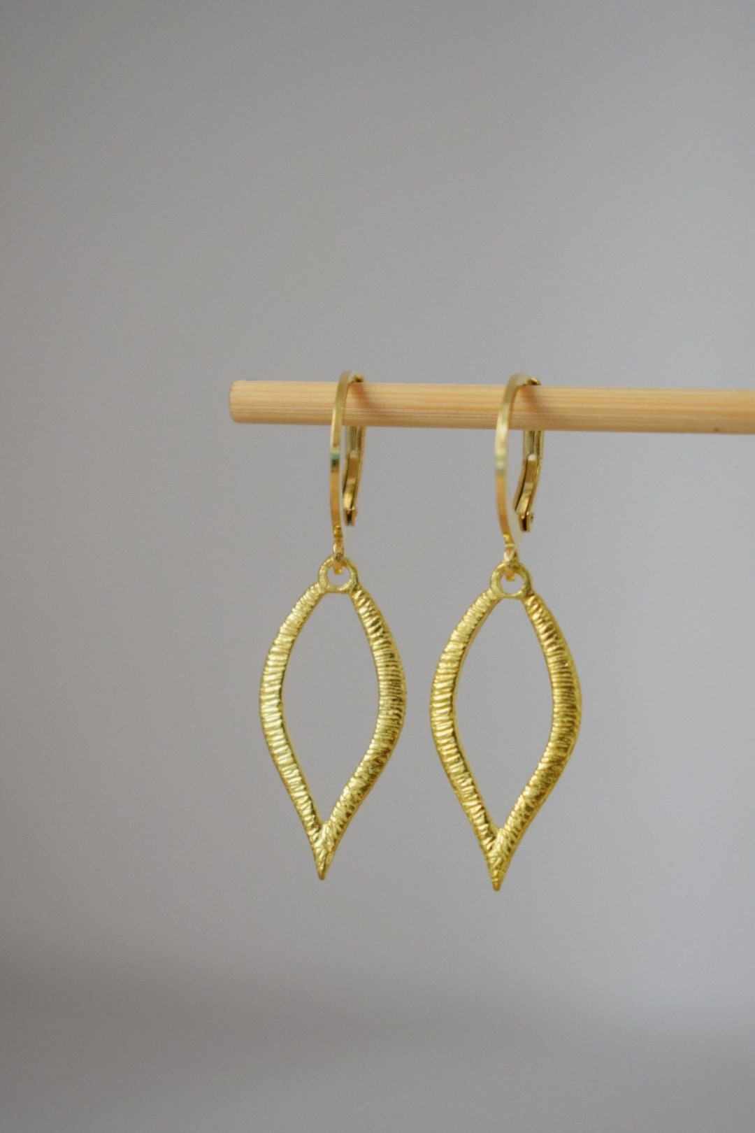 Huggie earrings with gold plated leaf pendant, Minimalist hanging dangle and drop earrings, Small jewelry gifts for women mom wife