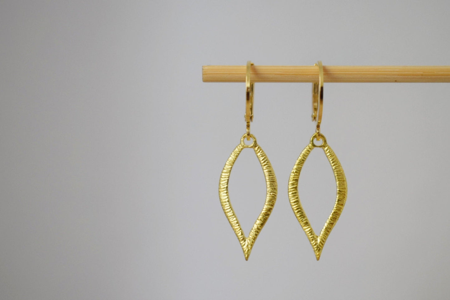 Huggie earrings with gold plated leaf pendant, Minimalist hanging dangle and drop earrings, Small jewelry gifts for women mom wife