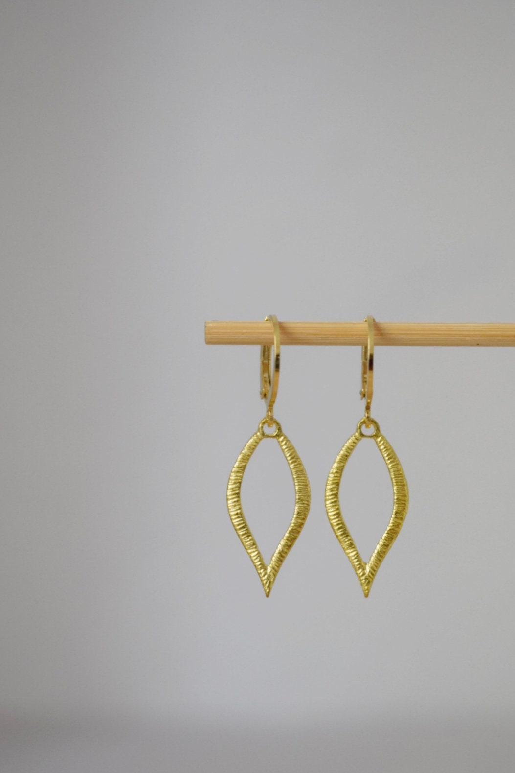 Huggie earrings with gold plated leaf pendant, Minimalist hanging dangle and drop earrings, Small jewelry gifts for women mom wife