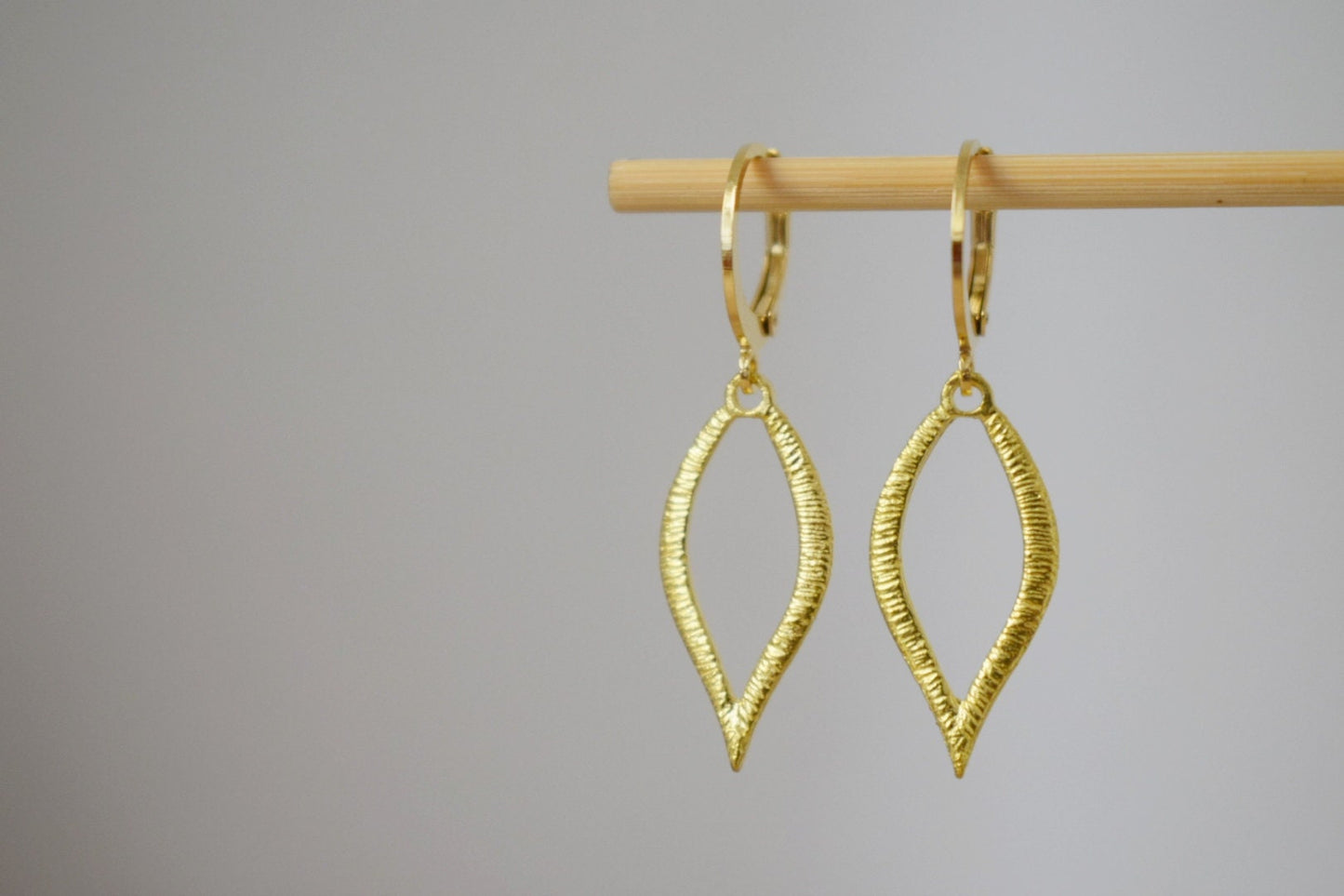 Huggie earrings with gold plated leaf pendant, Minimalist hanging dangle and drop earrings, Small jewelry gifts for women mom wife