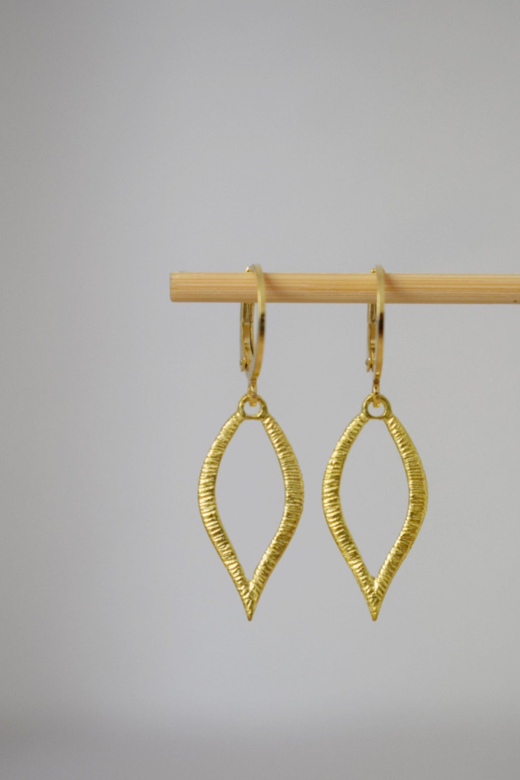 Huggie earrings with gold plated leaf pendant, Minimalist hanging dangle and drop earrings, Small jewelry gifts for women mom wife