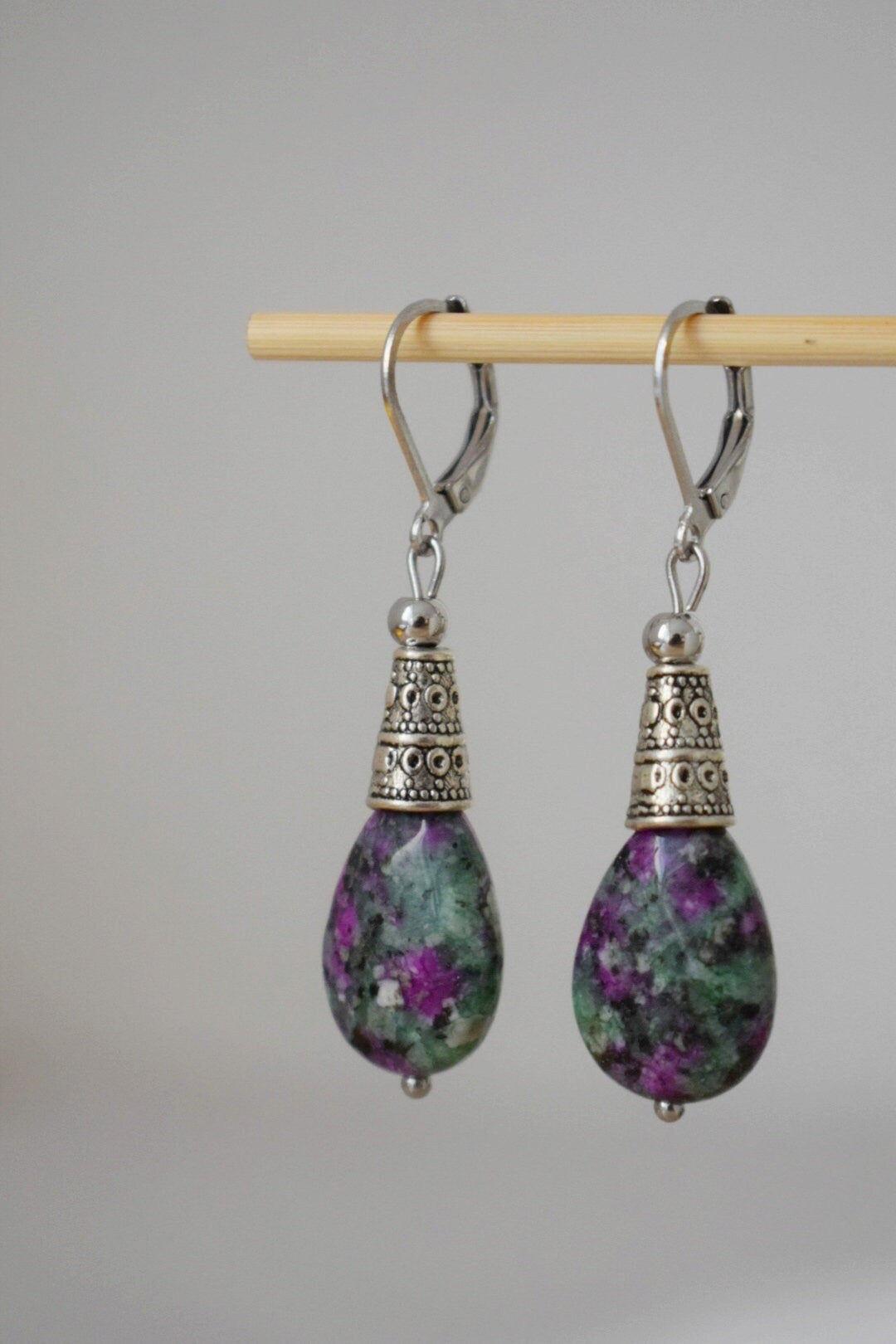 Ruby In Zoisite hoop earrings, Teardrop beaded huggies, Dangle gemstone stainless steel earrings, Green, Pink, Silver, Ruby fuchsite jewelry