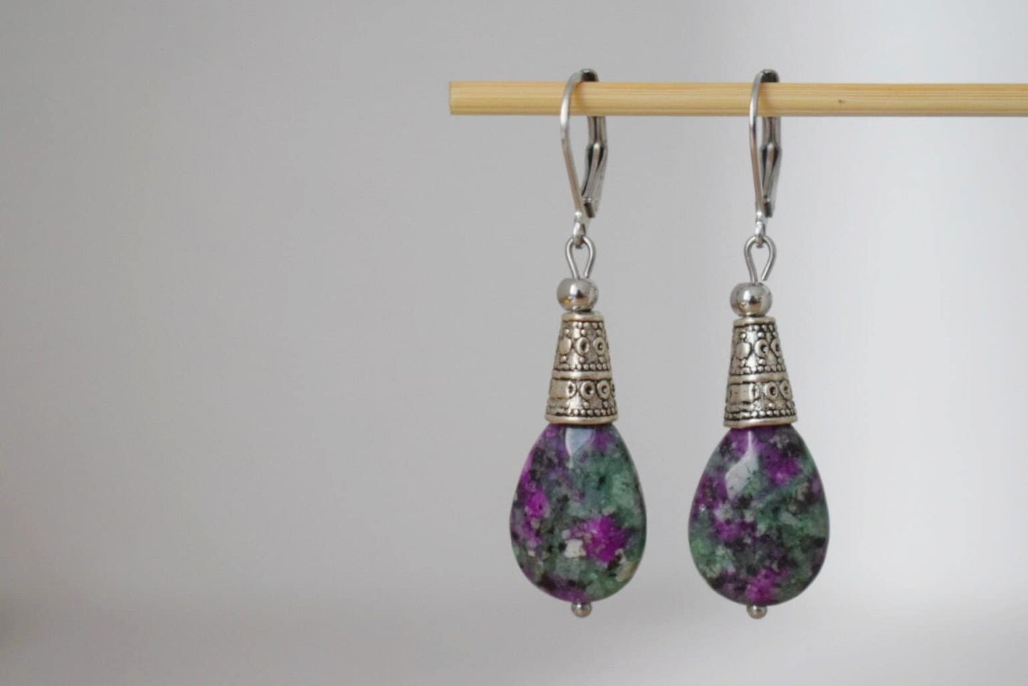 Ruby In Zoisite hoop earrings, Teardrop beaded huggies, Dangle gemstone stainless steel earrings, Green, Pink, Silver, Ruby fuchsite jewelry