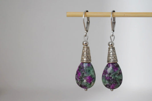 Ruby In Zoisite hoop earrings, Teardrop beaded huggies, Dangle gemstone stainless steel earrings, Green, Pink, Silver, Ruby fuchsite jewelry