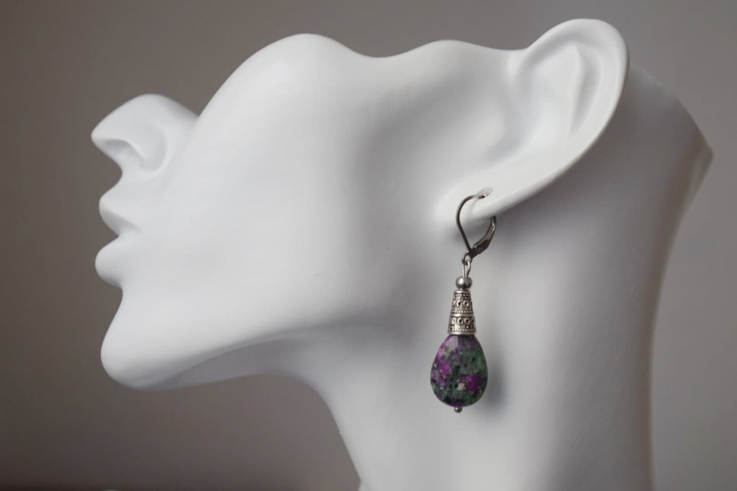 Ruby In Zoisite hoop earrings, Teardrop beaded huggies, Dangle gemstone stainless steel earrings, Green, Pink, Silver, Ruby fuchsite jewelry