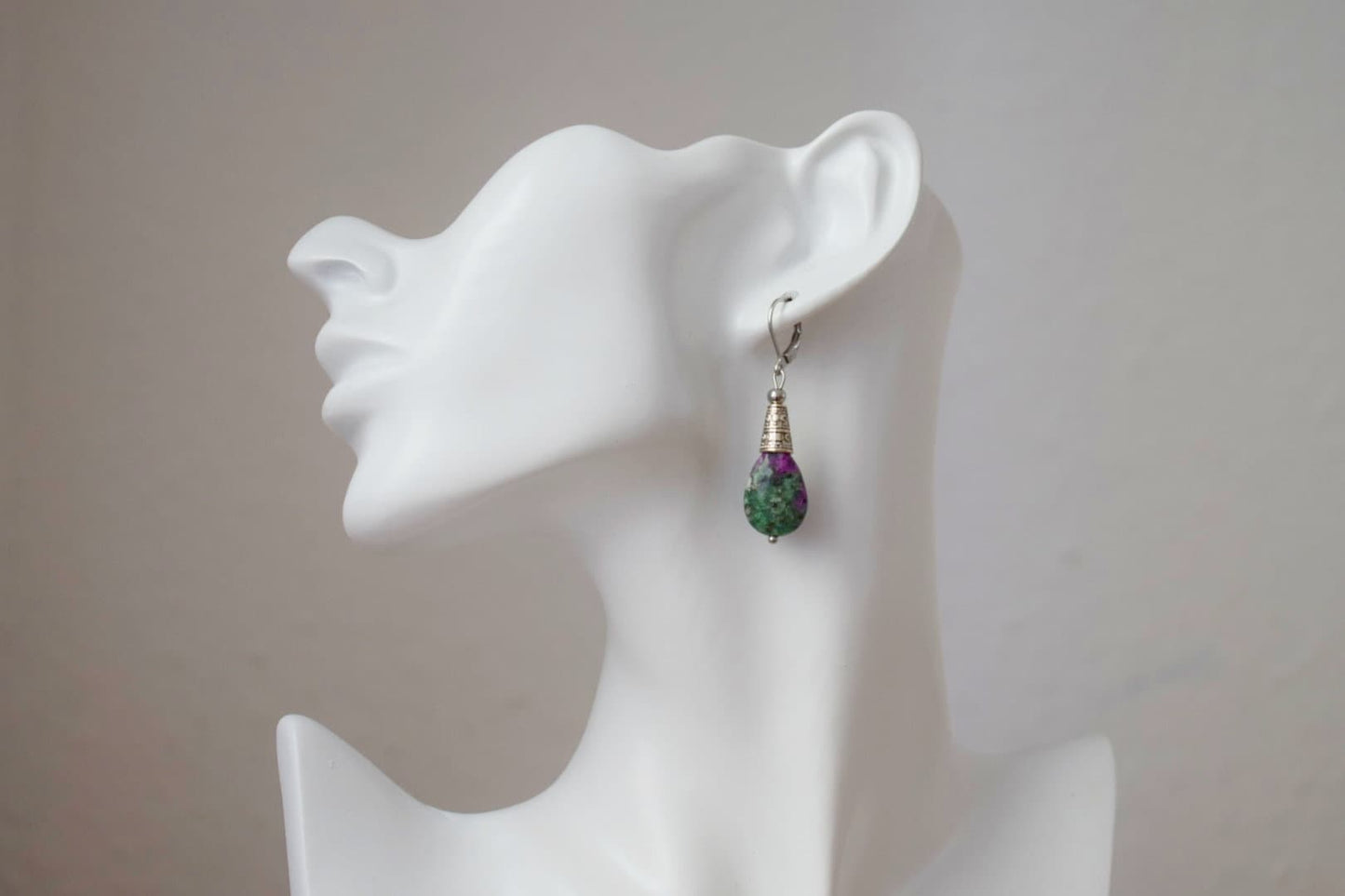 Ruby In Zoisite hoop earrings, Teardrop beaded huggies, Dangle gemstone stainless steel earrings, Green, Pink, Silver, Ruby fuchsite jewelry