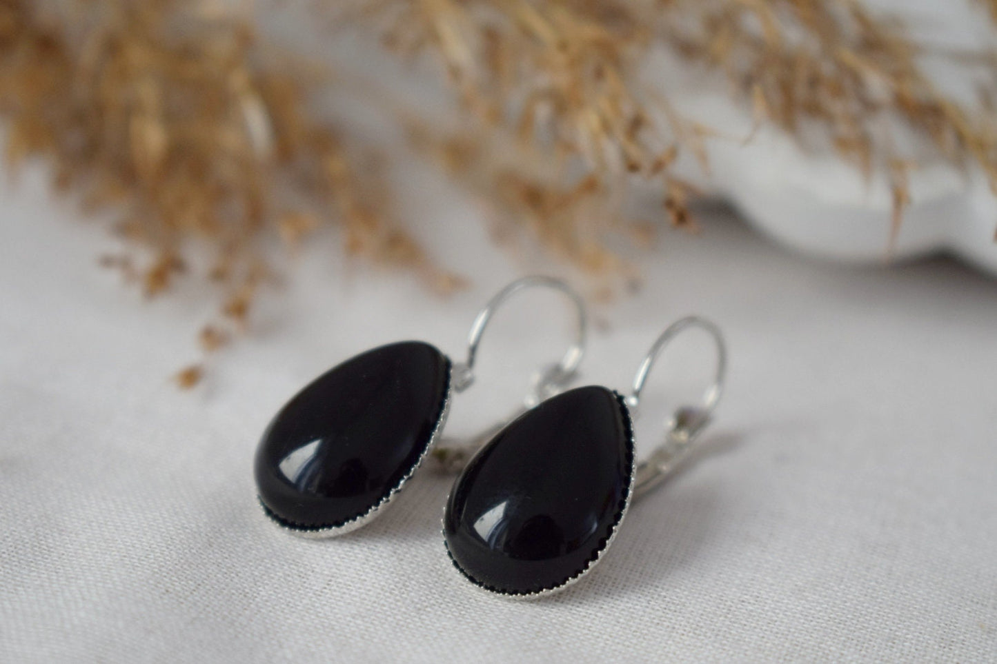 Black agate teardrop earrings, Gemstone dangle and drop earrings, Stone hanging earrings, Handmade jewelry, Christmas gift for her