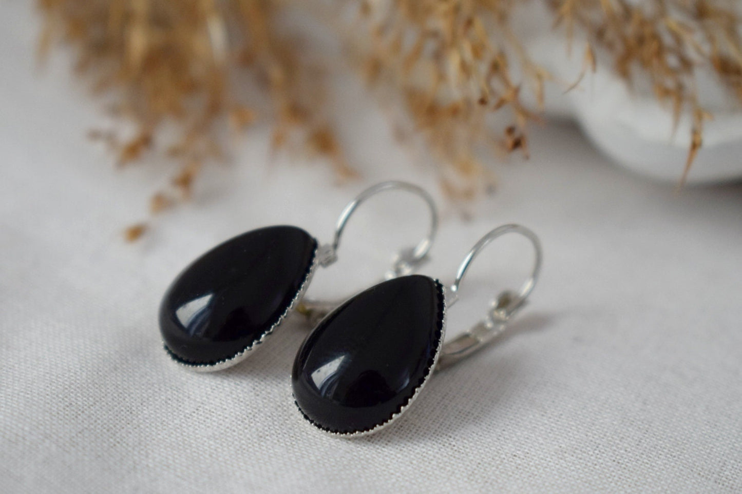 Black agate teardrop earrings, Gemstone dangle and drop earrings, Stone hanging earrings, Handmade jewelry, Christmas gift for her