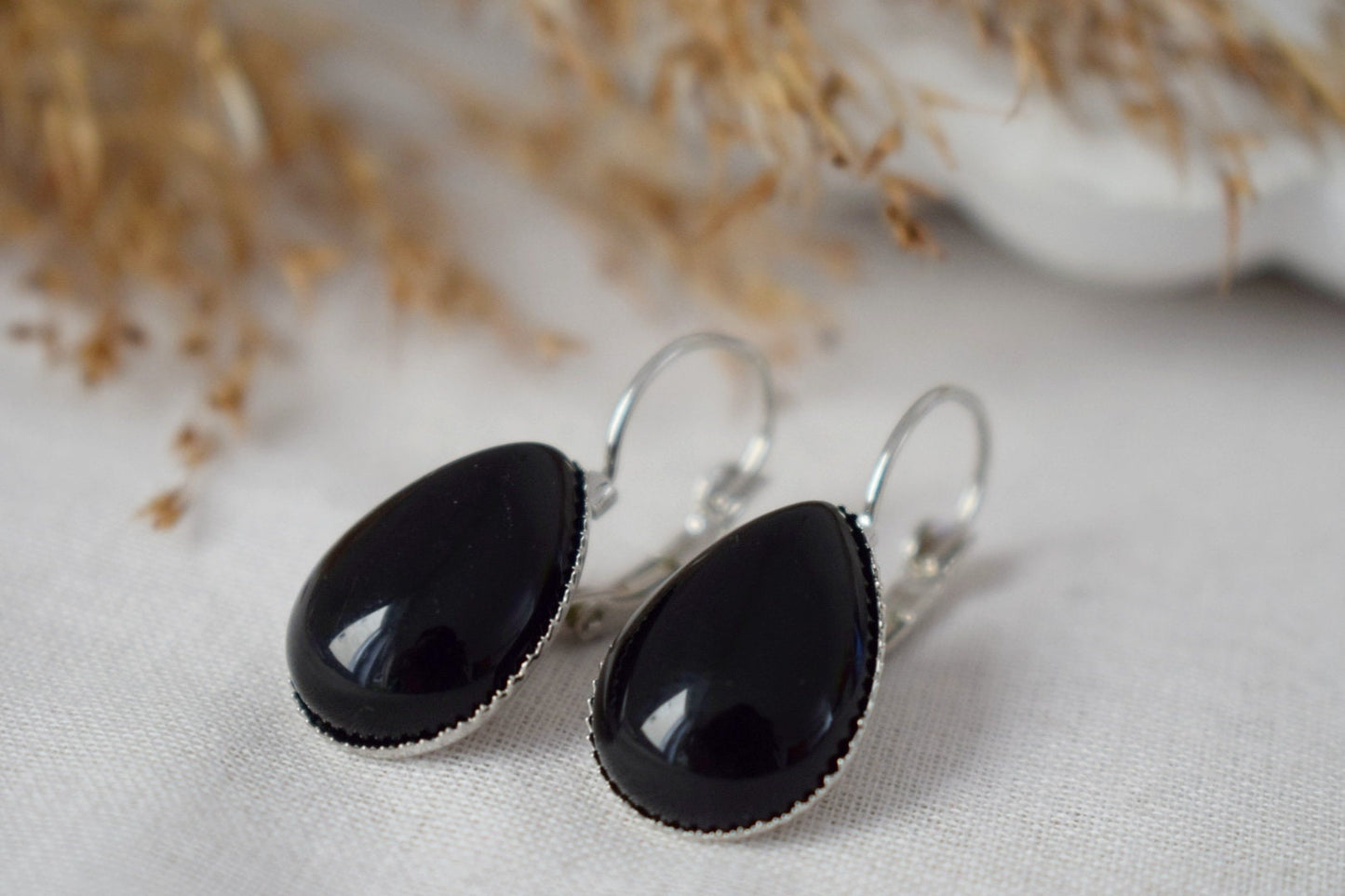 Black agate teardrop earrings, Gemstone dangle and drop earrings, Stone hanging earrings, Handmade jewelry, Christmas gift for her