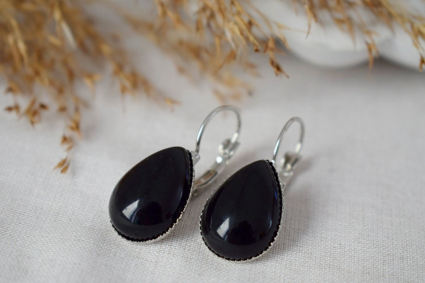 Black agate teardrop earrings, Gemstone dangle and drop earrings, Stone hanging earrings, Handmade jewelry, Christmas gift for her