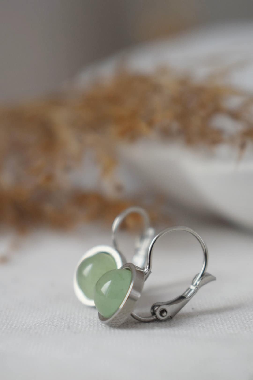 Aventurine dangle earrings, Small light green round gemstone, 8mm natural stone, Chakra, Birthstone jewelry gift