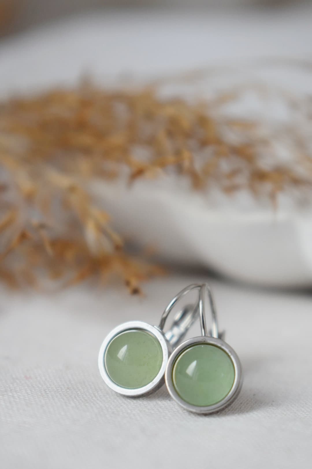 Aventurine dangle earrings, Small light green round gemstone, 8mm natural stone, Chakra, Birthstone jewelry gift