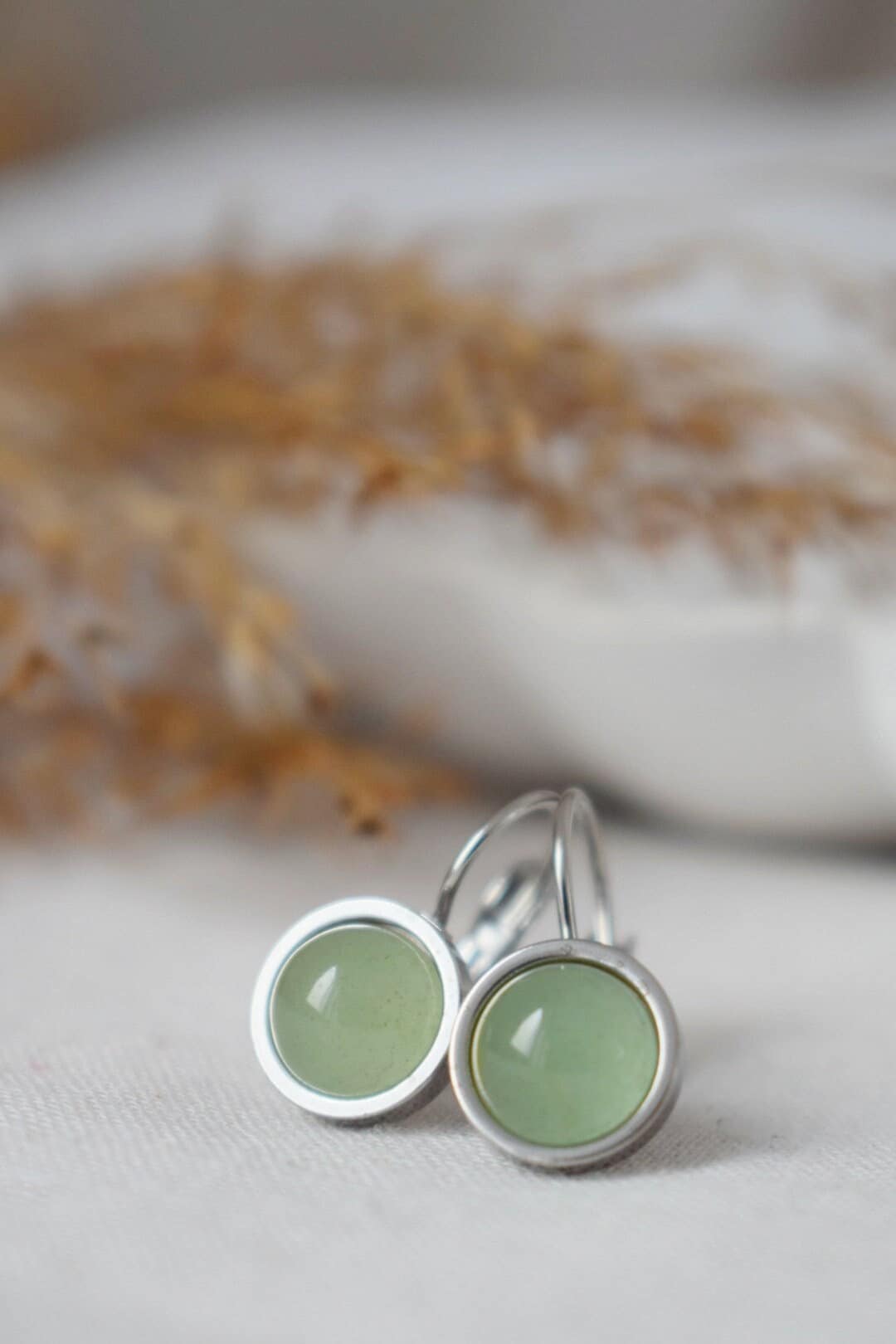 Aventurine dangle earrings, Small light green round gemstone, 8mm natural stone, Chakra, Birthstone jewelry gift
