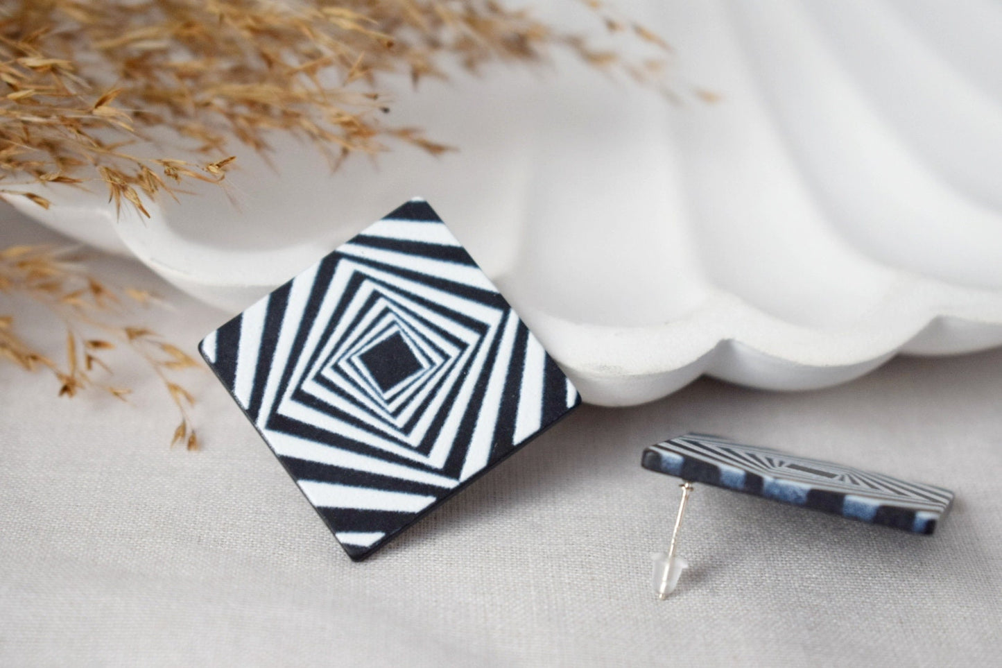 Rhombus earrings, Big square stud earrings, Black white, Stripe pattern stud earrings with 925 sterling silver studs, Jewelry gift for her