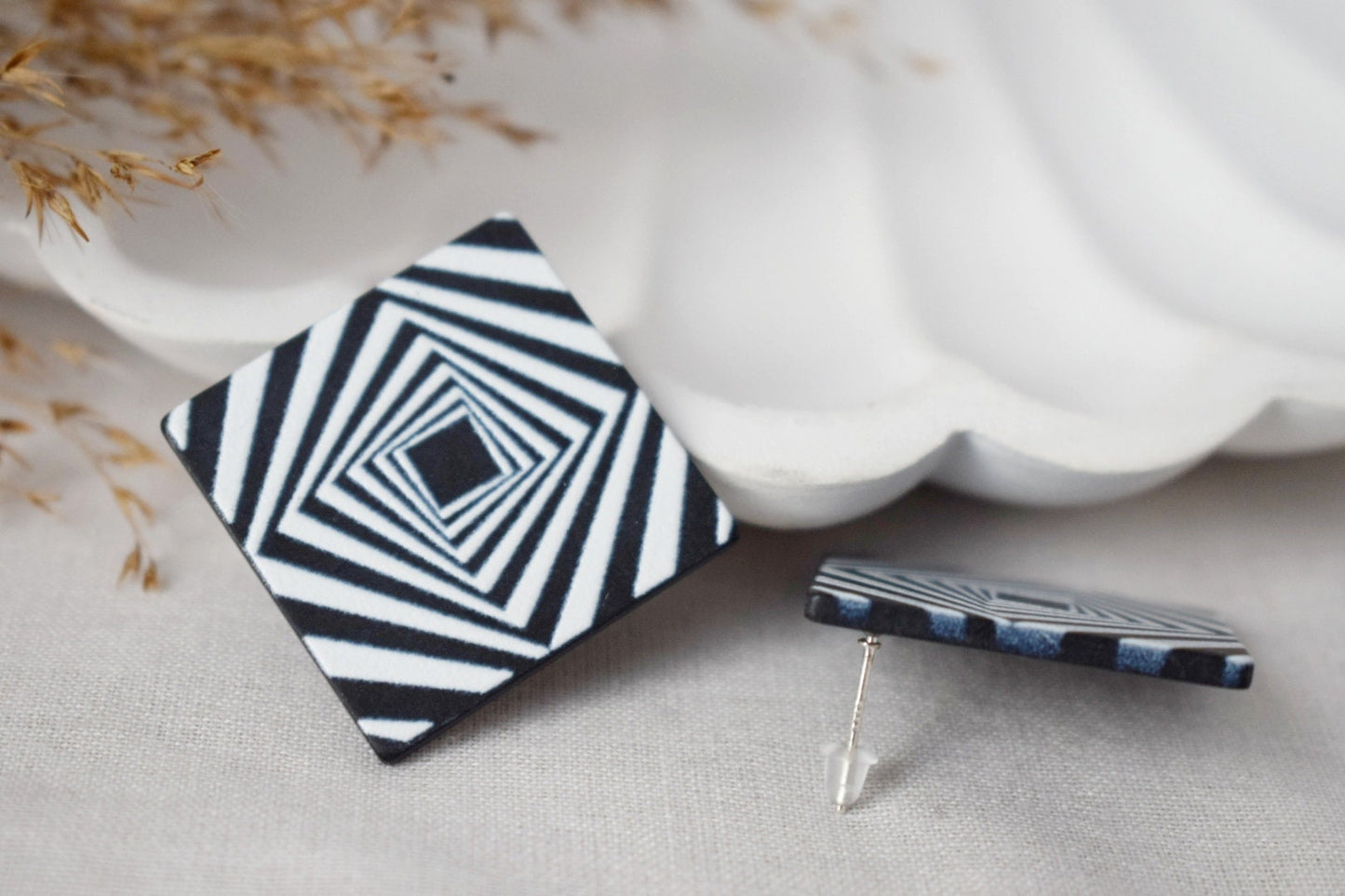 Rhombus earrings, Big square stud earrings, Black white, Stripe pattern stud earrings with 925 sterling silver studs, Jewelry gift for her