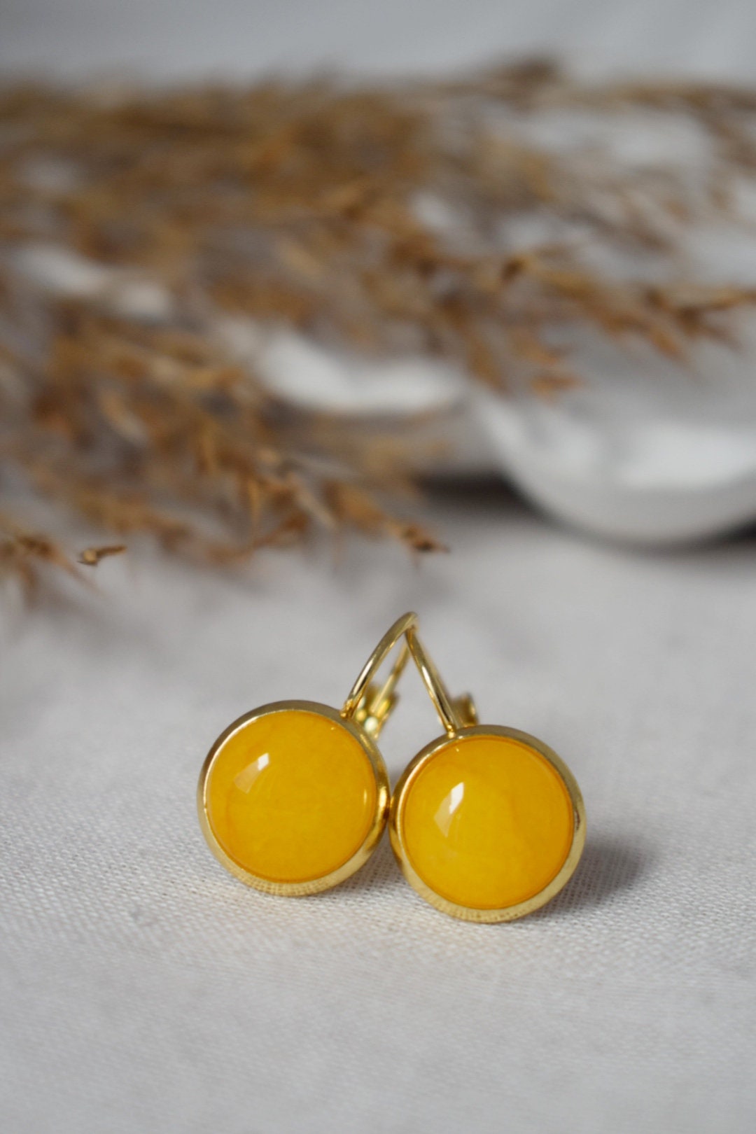 Yellow jade earrings gold, Gemstone drop and dangle earrings, Yellow stone lever back earrings, Hanging earrings, Jewelry gift for women