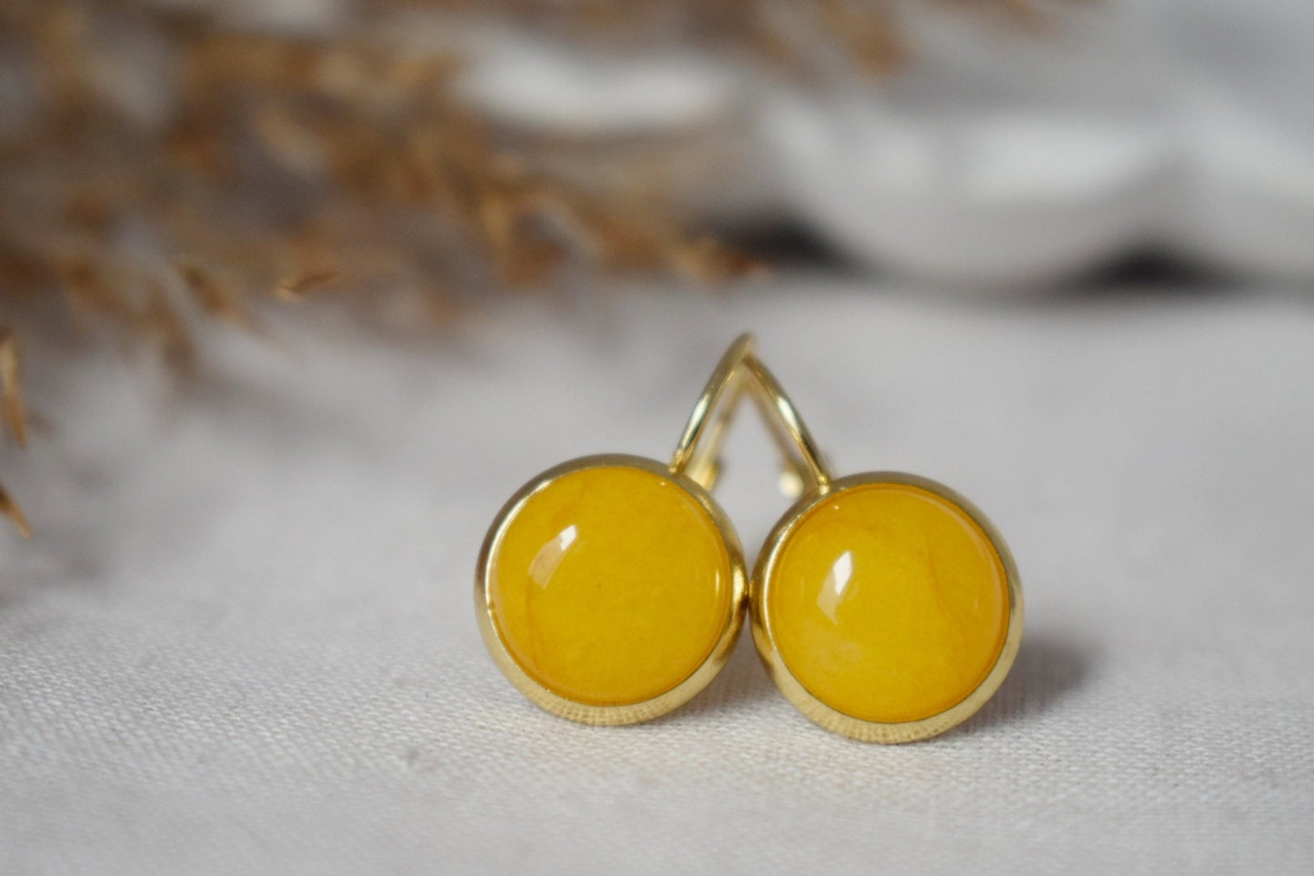 Yellow jade earrings gold, Gemstone drop and dangle earrings, Yellow stone lever back earrings, Hanging earrings, Jewelry gift for women