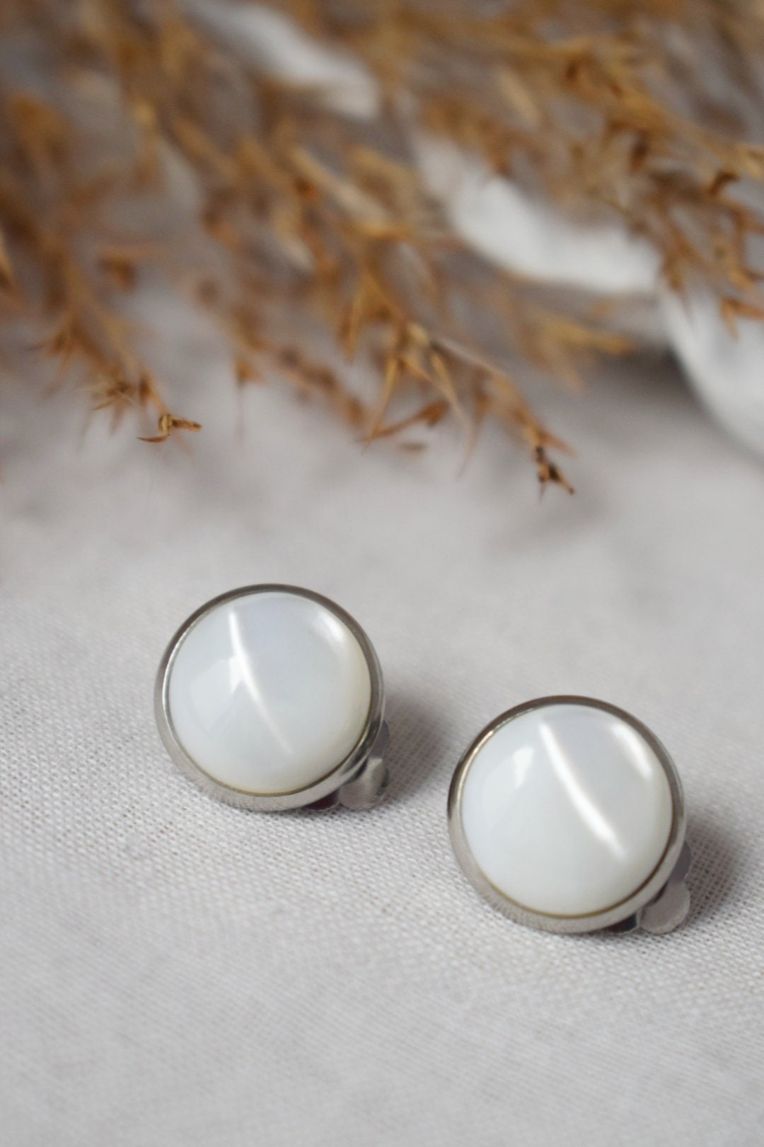 Mother of pearl clip on earrings, 12mm, White pearl, Stainless steel, Pearl ear clips for women, Non pierced earrings, Pearl jewelry