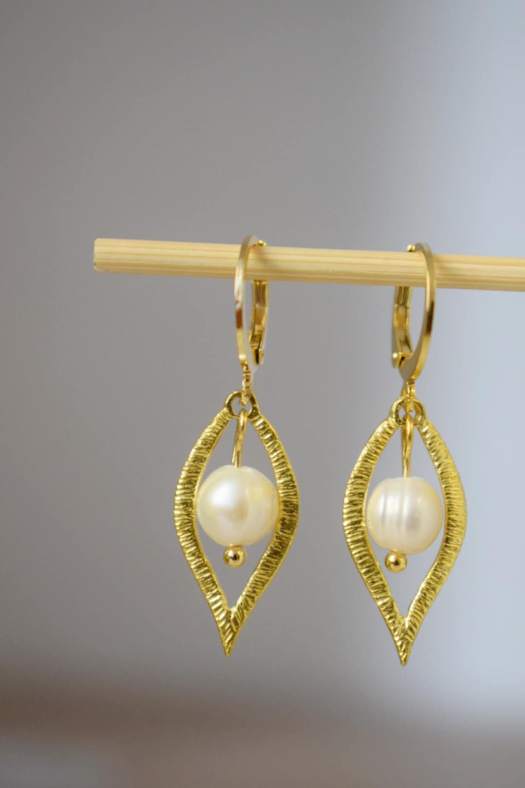 Leaf Earrings With Pearl, Gold Plated Huggies With Leaf Pendant, Dangle And Drop Earrings, Bridal Wedding Pearl Jewelry