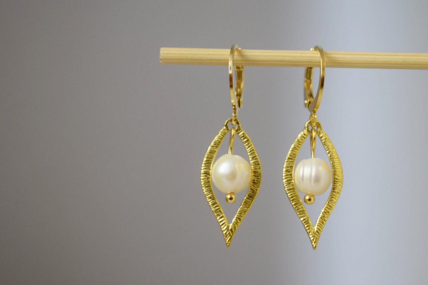 Leaf Earrings With Pearl, Gold Plated Huggies With Leaf Pendant, Dangle And Drop Earrings, Bridal Wedding Pearl Jewelry