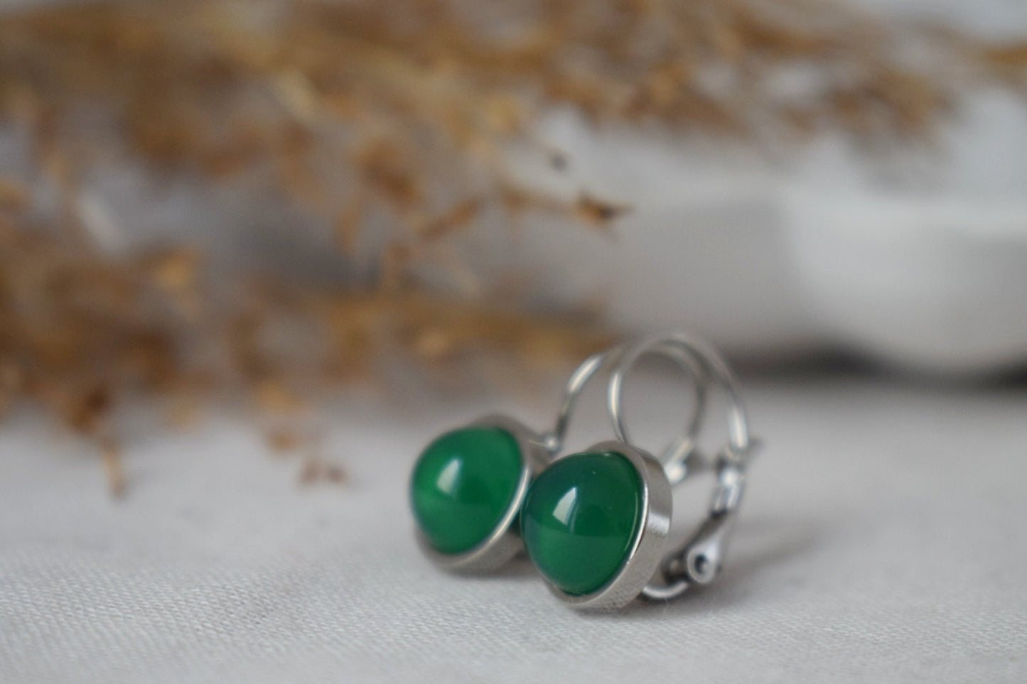 Green agate earrings stainless steel leverback dangle 6mm round gemstone handmade unisex jewelry gift, Best christmas gift