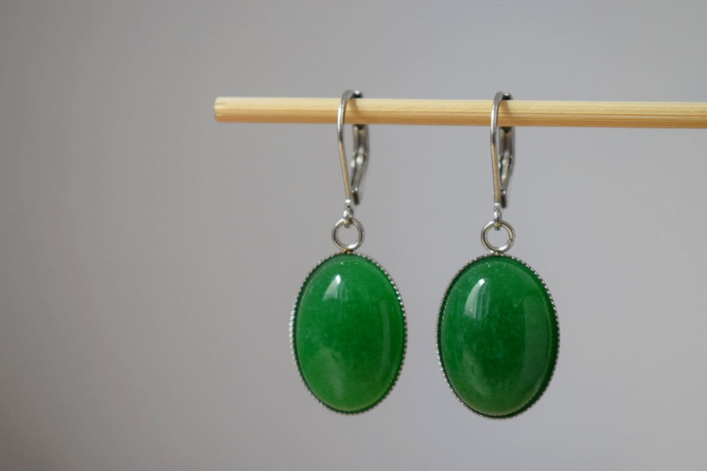 Green jade huggie earrings, Oval gemstone dangle earrings, Surgical stainless steel hoops, Boho handmade jewelry, Gifts for women