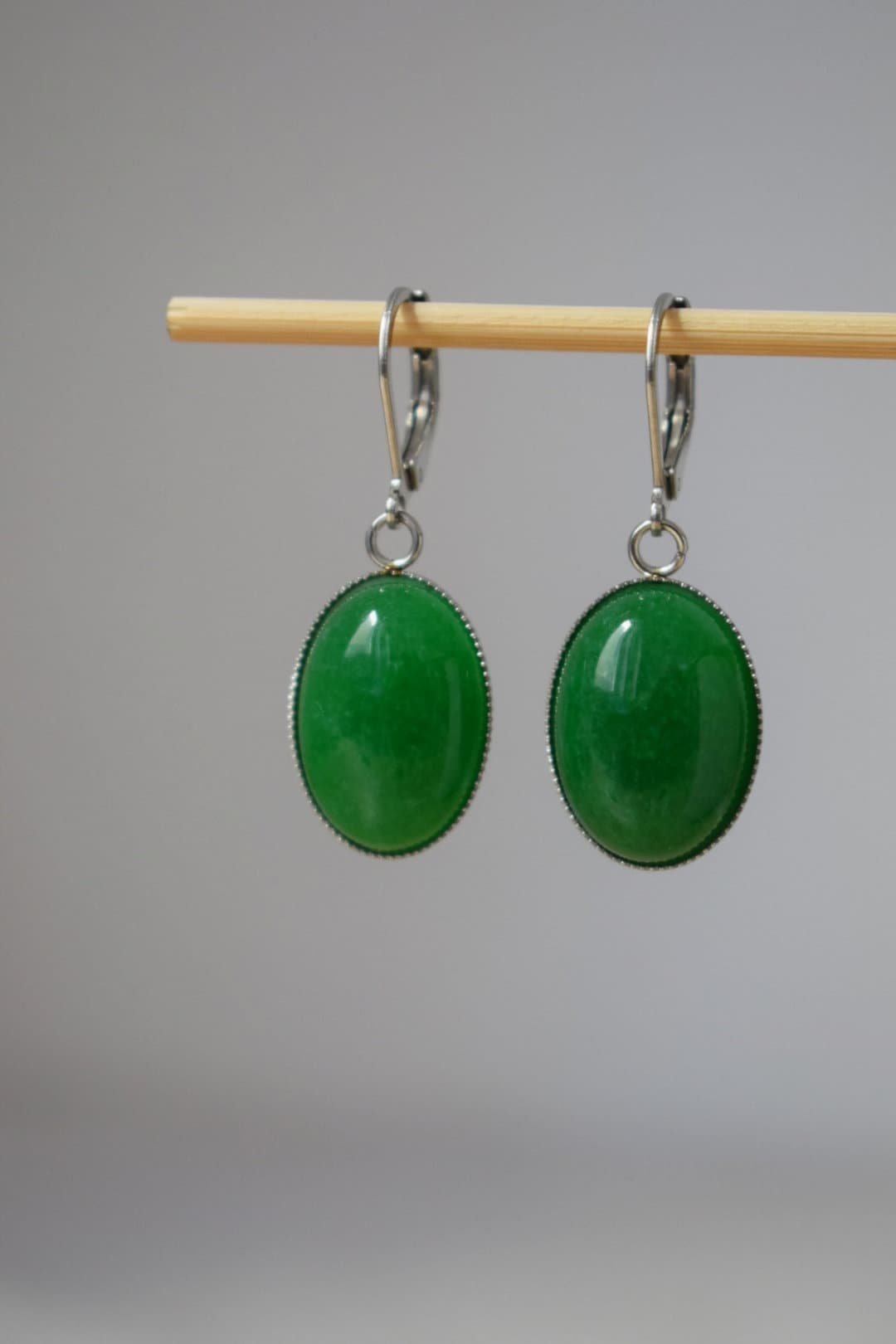 Green jade huggie earrings, Oval gemstone dangle earrings, Surgical stainless steel hoops, Boho handmade jewelry, Gifts for women