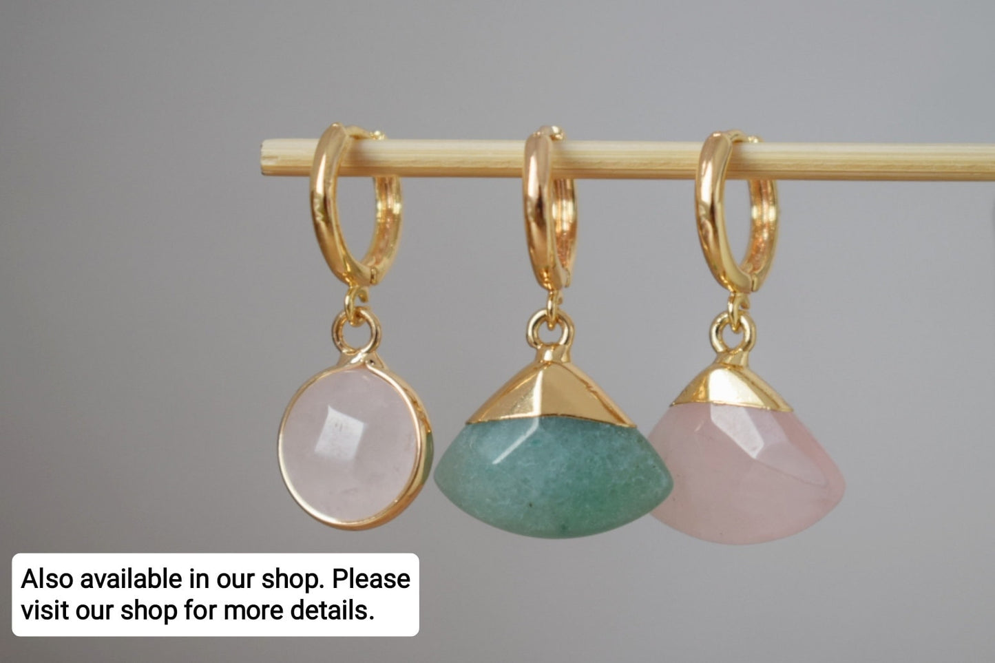 Gold plated huggie earrings with rose quartz pendant, Dangle stone earrings, Pink triangle drop earrings, Fan earrings, Jewelry gift for her