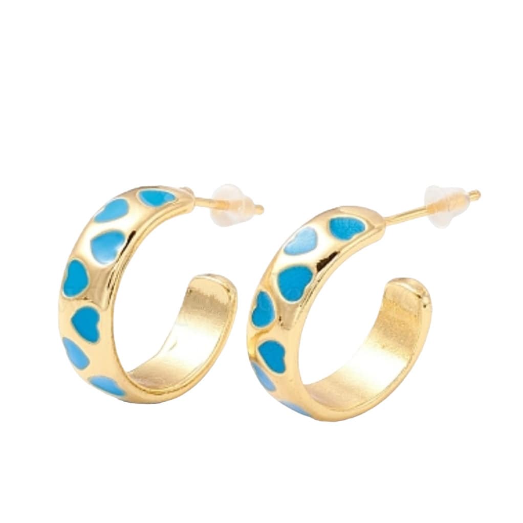 Half open hoop heart pattern enamel stud earrings, Half circle, C shape, Semicircle, 18k gold plated, Modern statement Hoops, Gift for her