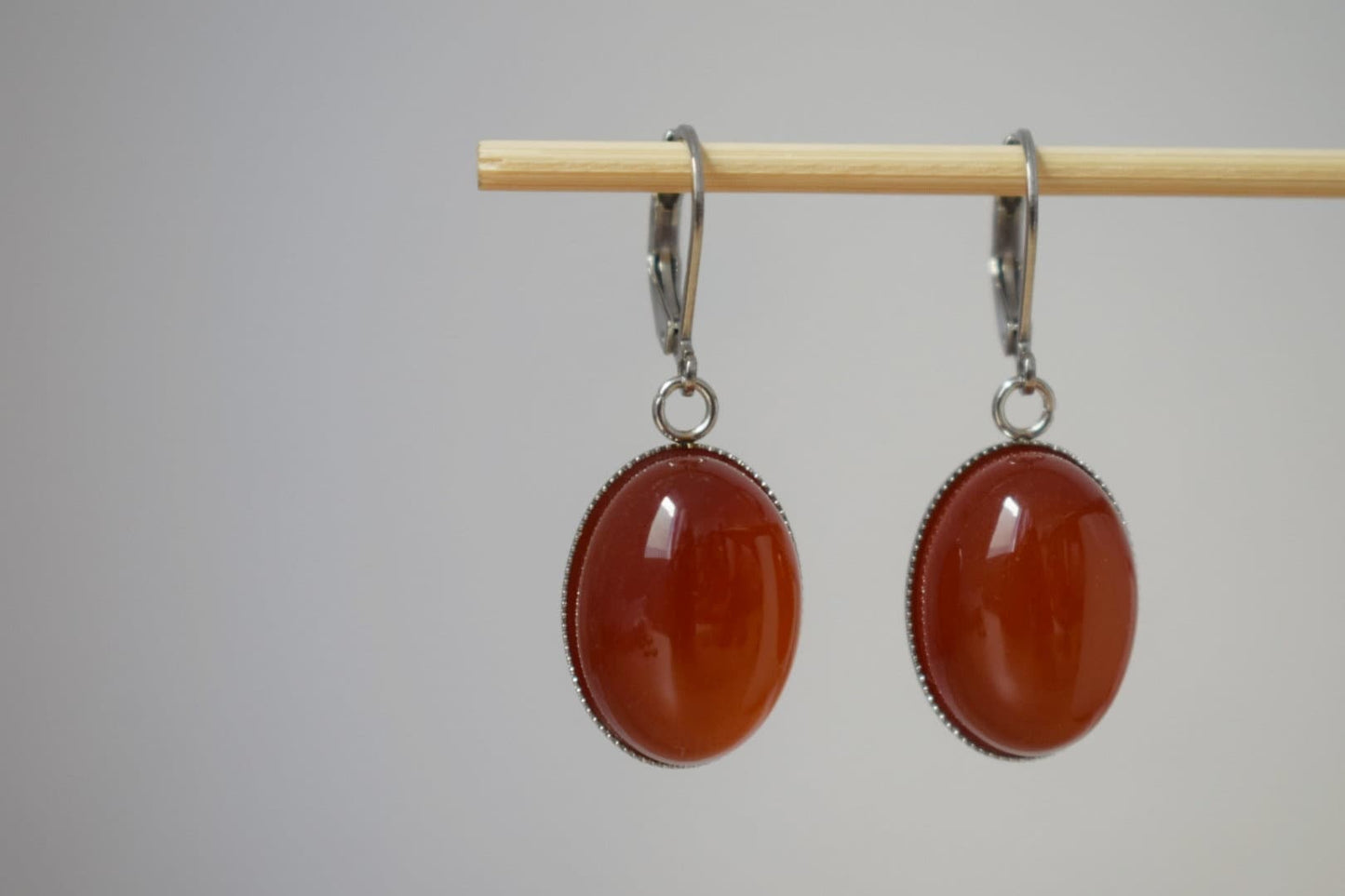 Red agate huggie hoops, Oval gemstone dangle earrings, Red hanging earrings, Stainless steel, Agate jewelry, Christmas gift for women