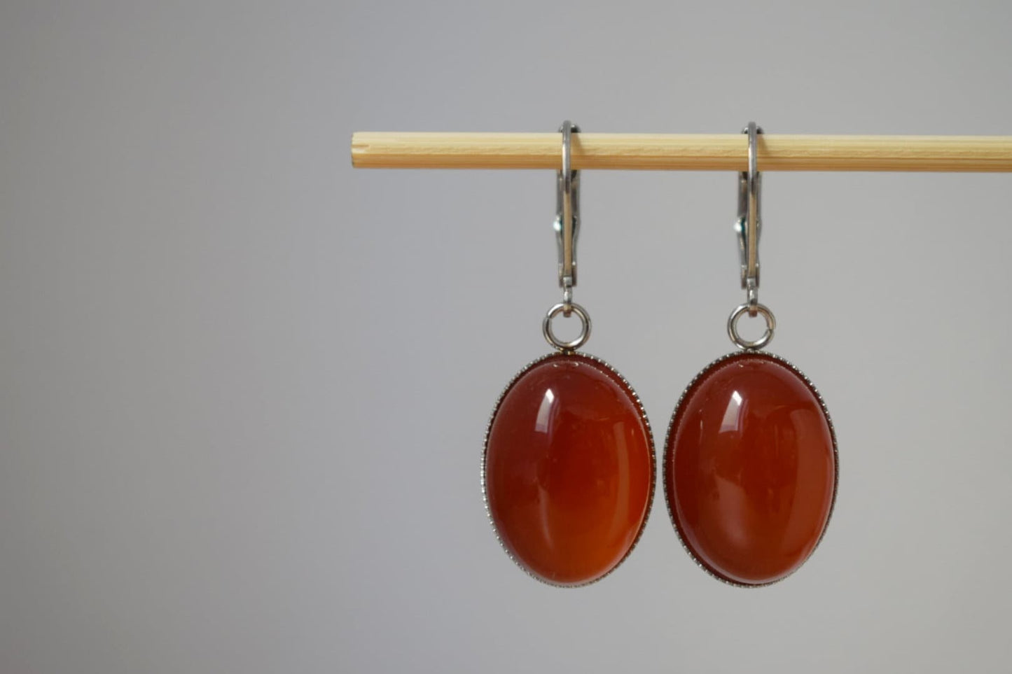 Red agate huggie hoops, Oval gemstone dangle earrings, Red hanging earrings, Stainless steel, Agate jewelry, Christmas gift for women