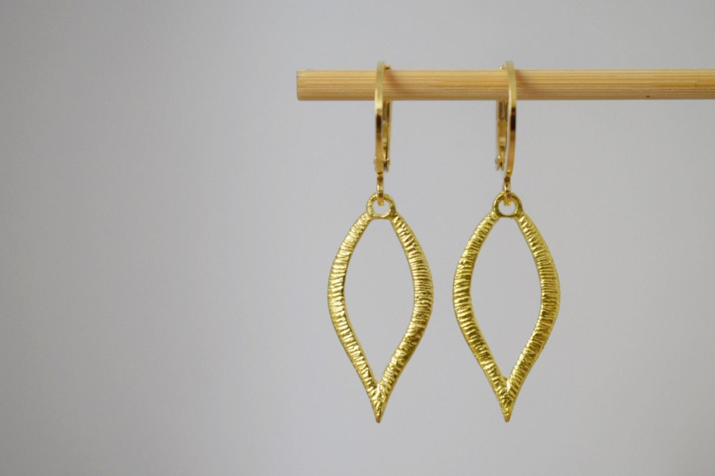 Huggie earrings with gold plated leaf pendant, Minimalist hanging dangle and drop earrings, Small jewelry gifts for women mom wife