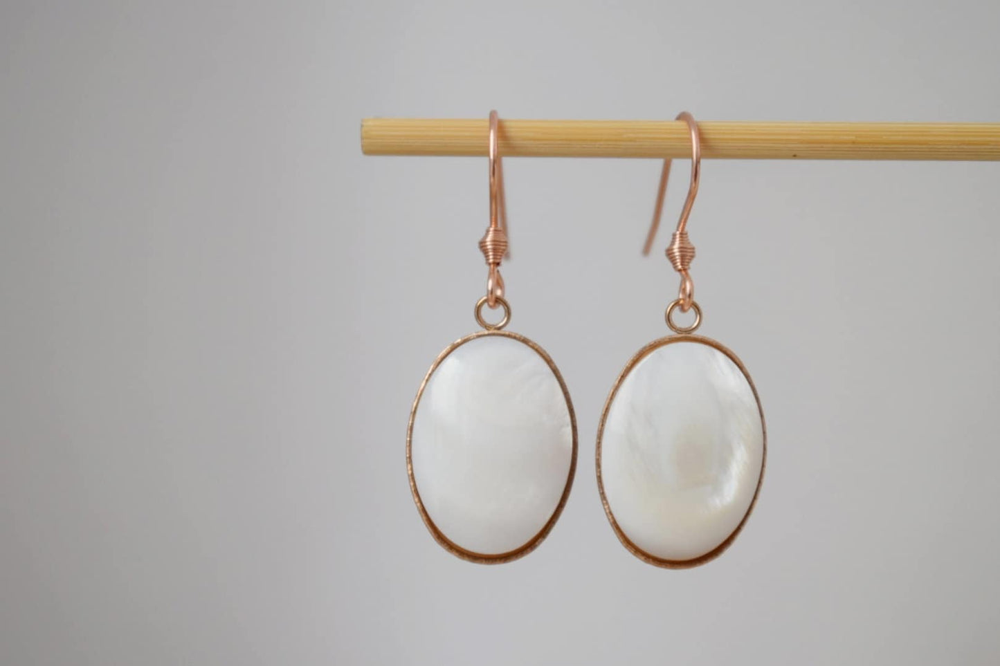 Freshwater pearl earrings, Rose gold dangle earrings, Oval shell pendant, Bridesmaid, Wedding rose gold jewelry, Handmade gift for her