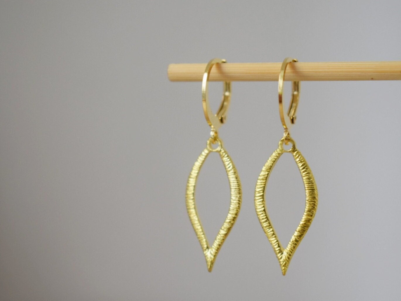 Huggie earrings with gold plated leaf pendant, Minimalist hanging dangle and drop earrings, Small jewelry gifts for women mom wife