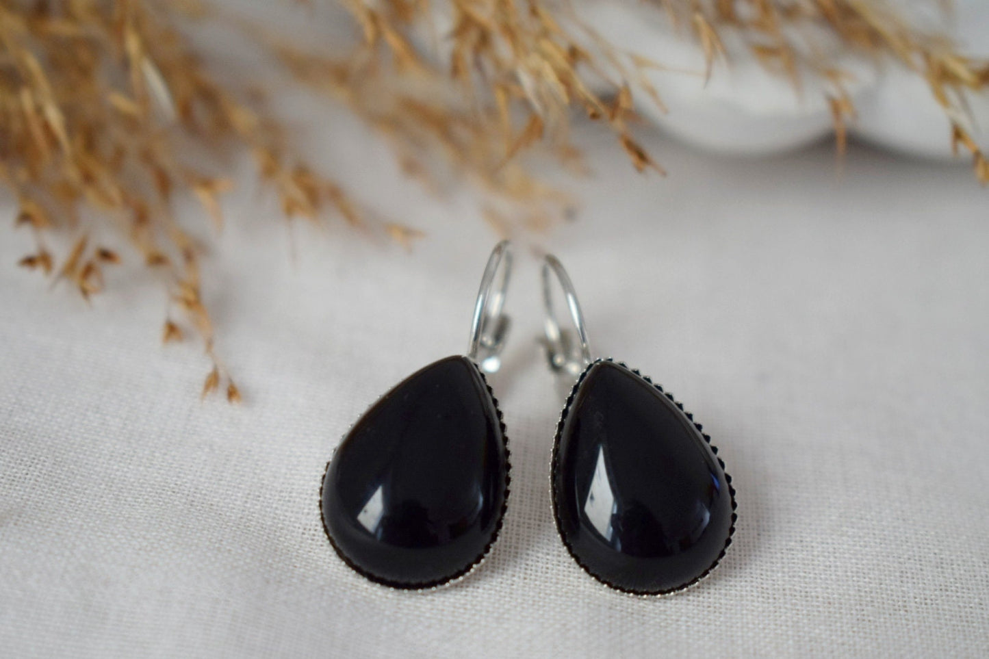 Black agate teardrop earrings, Gemstone dangle and drop earrings, Stone hanging earrings, Handmade jewelry, Christmas gift for her