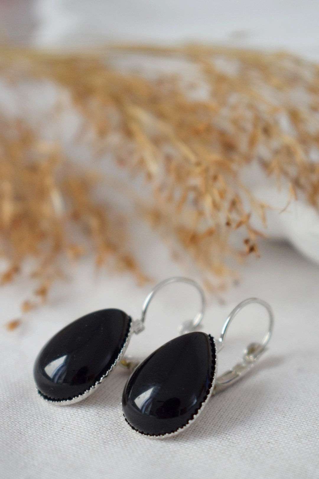 Black agate teardrop earrings, Gemstone dangle and drop earrings, Stone hanging earrings, Handmade jewelry, Christmas gift for her