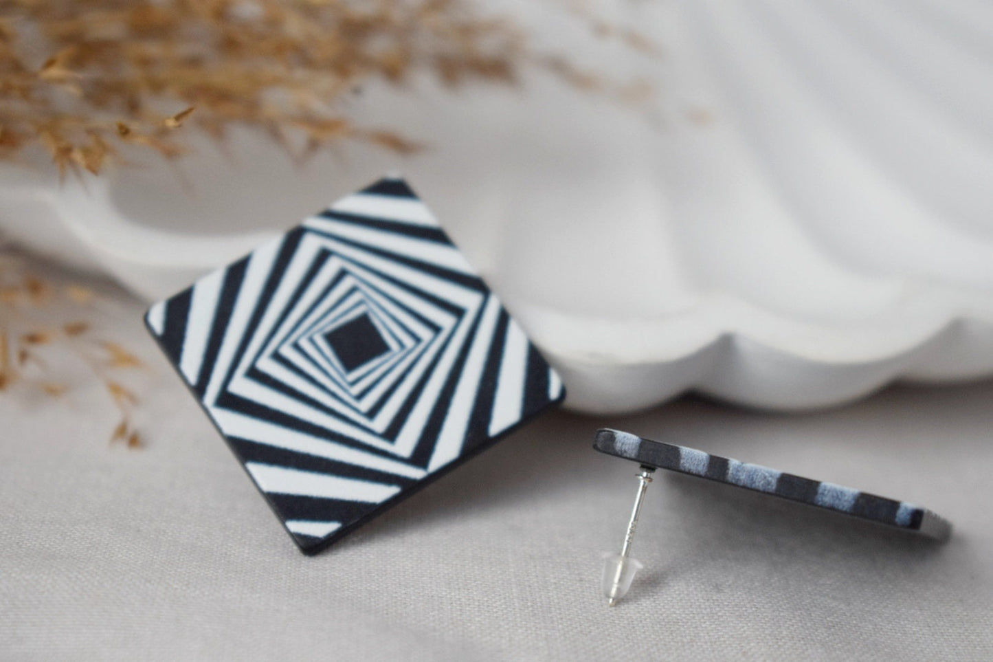 Rhombus earrings, Big square stud earrings, Black white, Stripe pattern stud earrings with 925 sterling silver studs, Jewelry gift for her