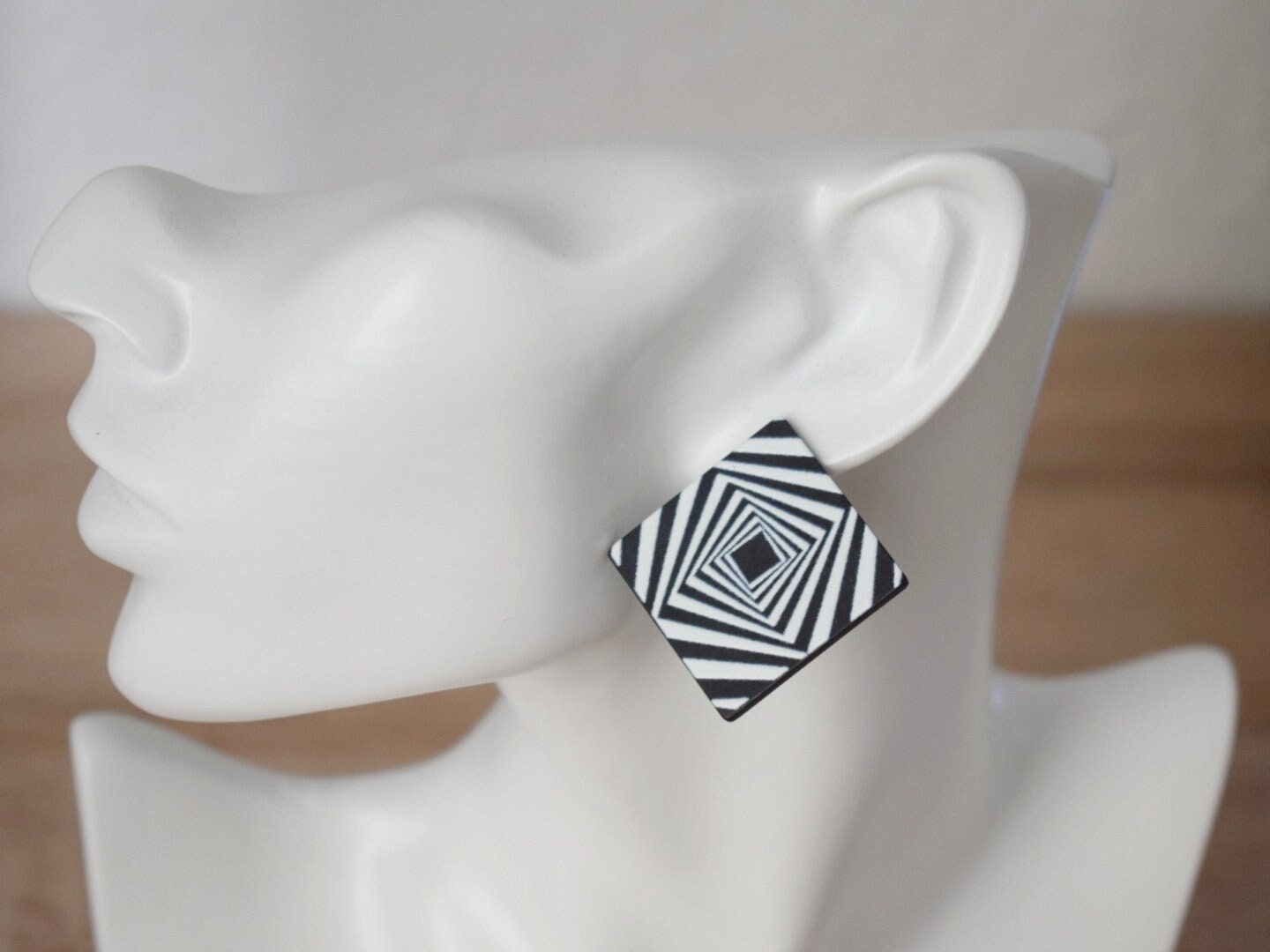 Rhombus earrings, Big square stud earrings, Black white, Stripe pattern stud earrings with 925 sterling silver studs, Jewelry gift for her