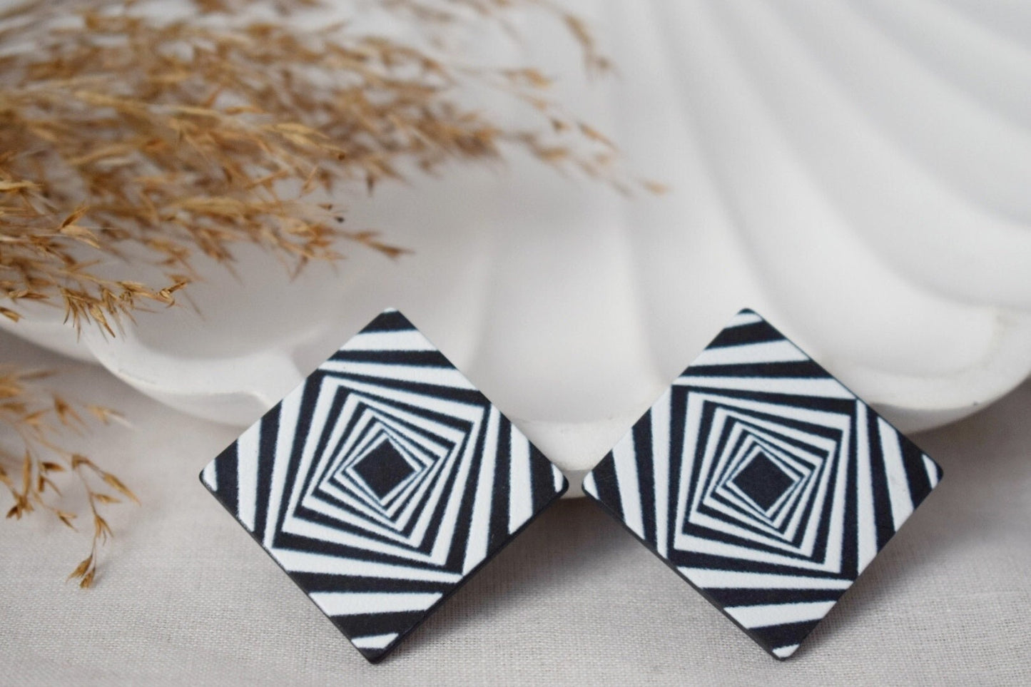 Rhombus earrings, Big square stud earrings, Black white, Stripe pattern stud earrings with 925 sterling silver studs, Jewelry gift for her