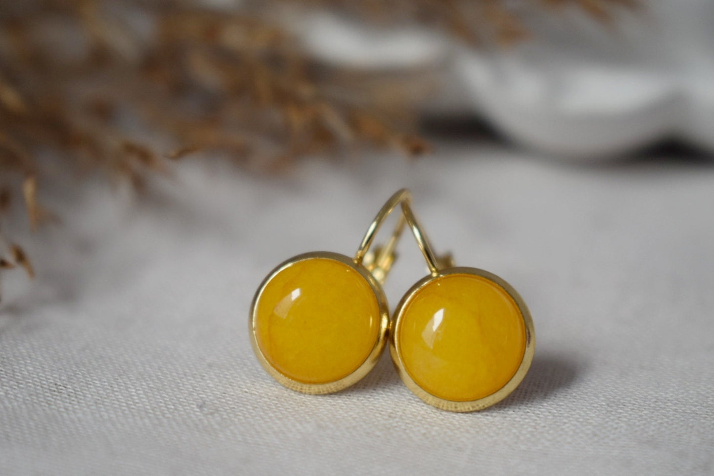 Yellow jade earrings gold, Gemstone drop and dangle earrings, Yellow stone lever back earrings, Hanging earrings, Jewelry gift for women