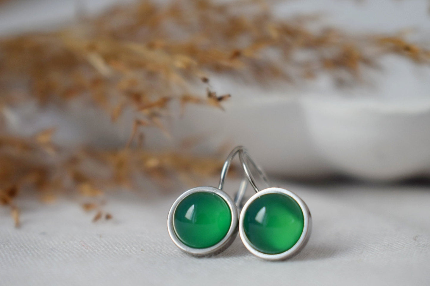 Green agate earrings stainless steel leverback dangle 6mm round gemstone handmade unisex jewelry gift, Best christmas gift