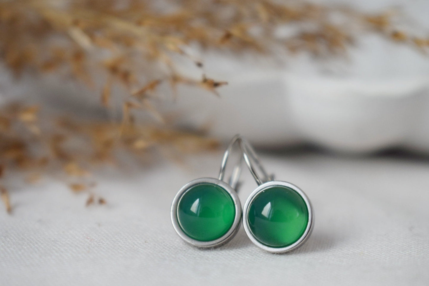 Green agate earrings stainless steel leverback dangle 6mm round gemstone handmade unisex jewelry gift, Best christmas gift