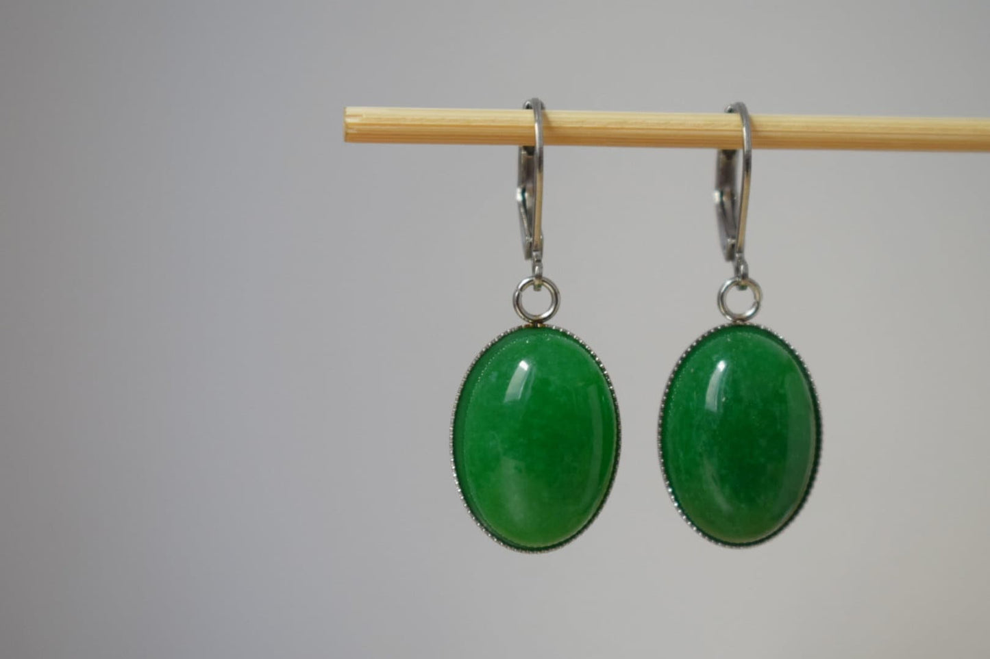 Green jade huggie earrings, Oval gemstone dangle earrings, Surgical stainless steel hoops, Boho handmade jewelry, Gifts for women