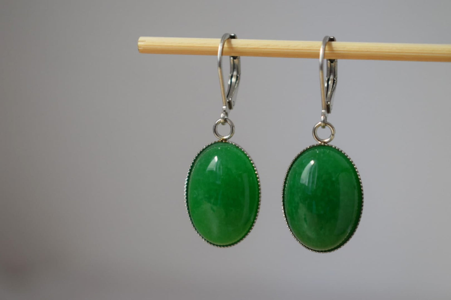 Green jade huggie earrings, Oval gemstone dangle earrings, Surgical stainless steel hoops, Boho handmade jewelry, Gifts for women
