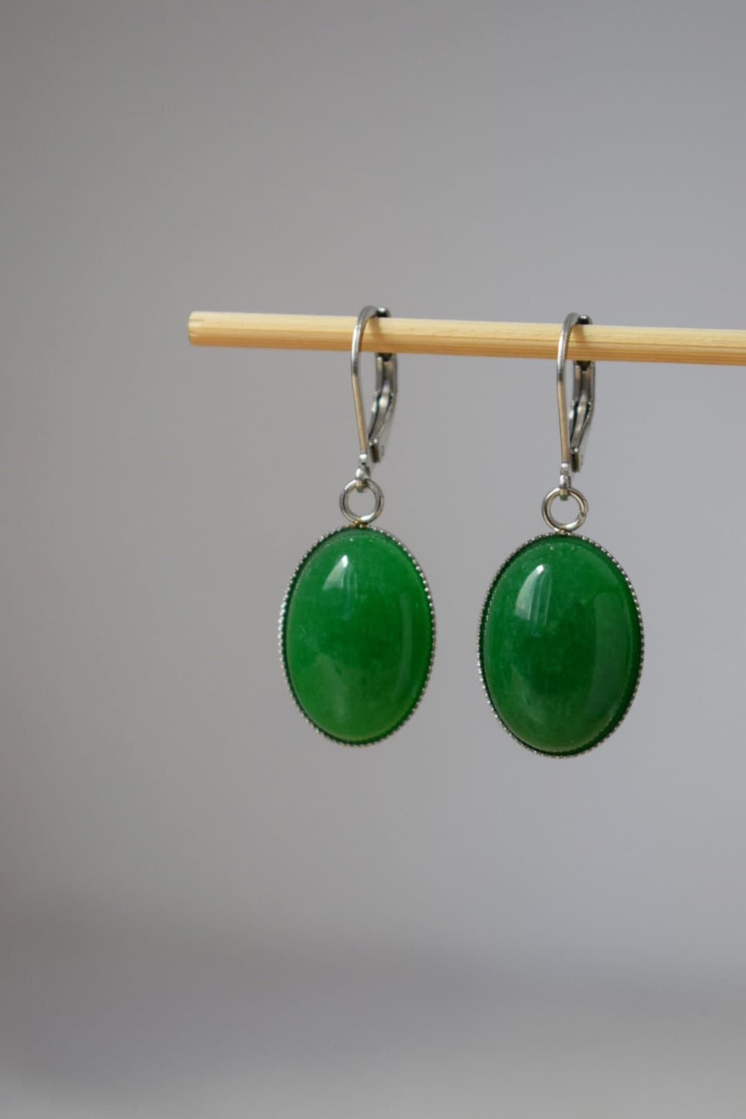 Green jade huggie earrings, Oval gemstone dangle earrings, Surgical stainless steel hoops, Boho handmade jewelry, Gifts for women