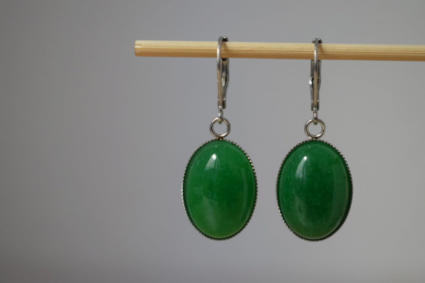 Green jade huggie earrings, Oval gemstone dangle earrings, Surgical stainless steel hoops, Boho handmade jewelry, Gifts for women