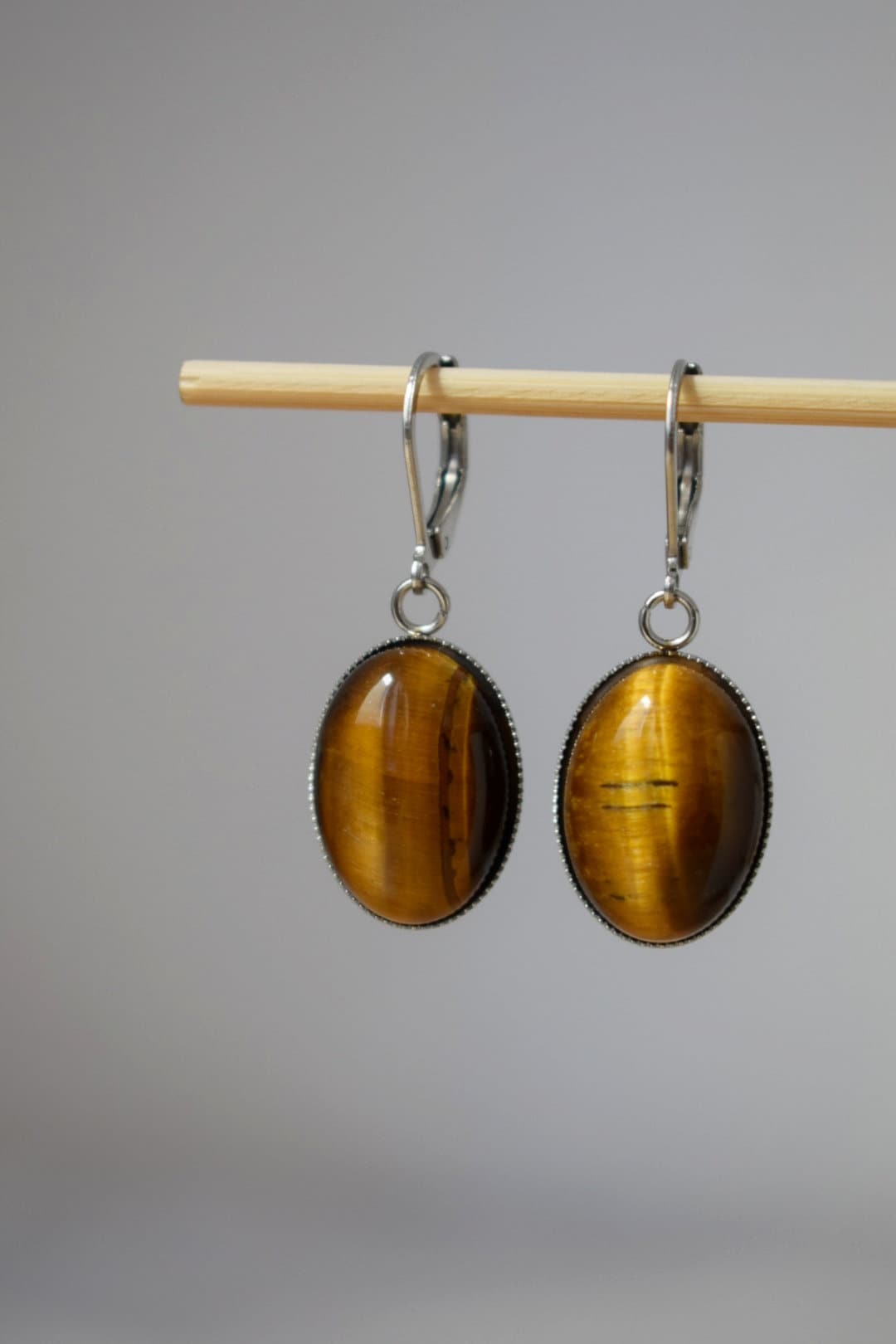 Tiger's eye huggie hoops earrings, Oval gemstone pendant charm, Gold brown stone dangle earrings, Chakra jewelry for women, Christmas gift