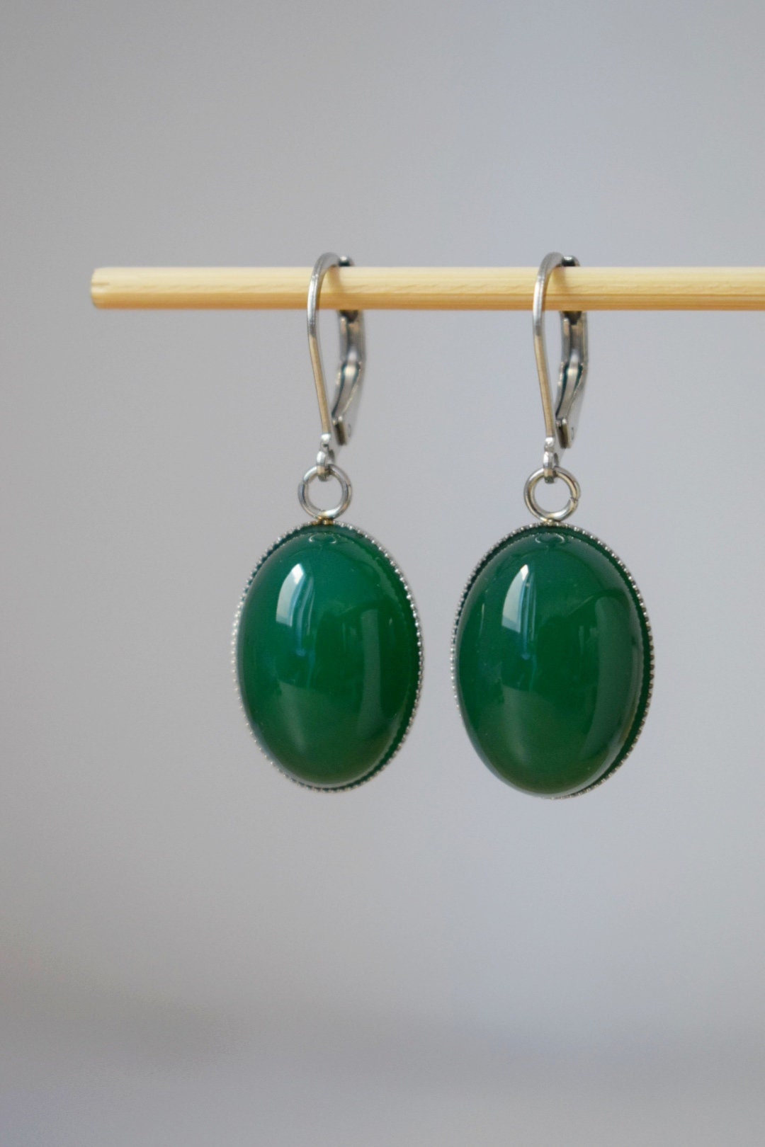 Huggie Hoop earrings with gemstone green agate, Oval stone dangle earrings, Stainless steel, Agate jewelry, Christmas gift for women