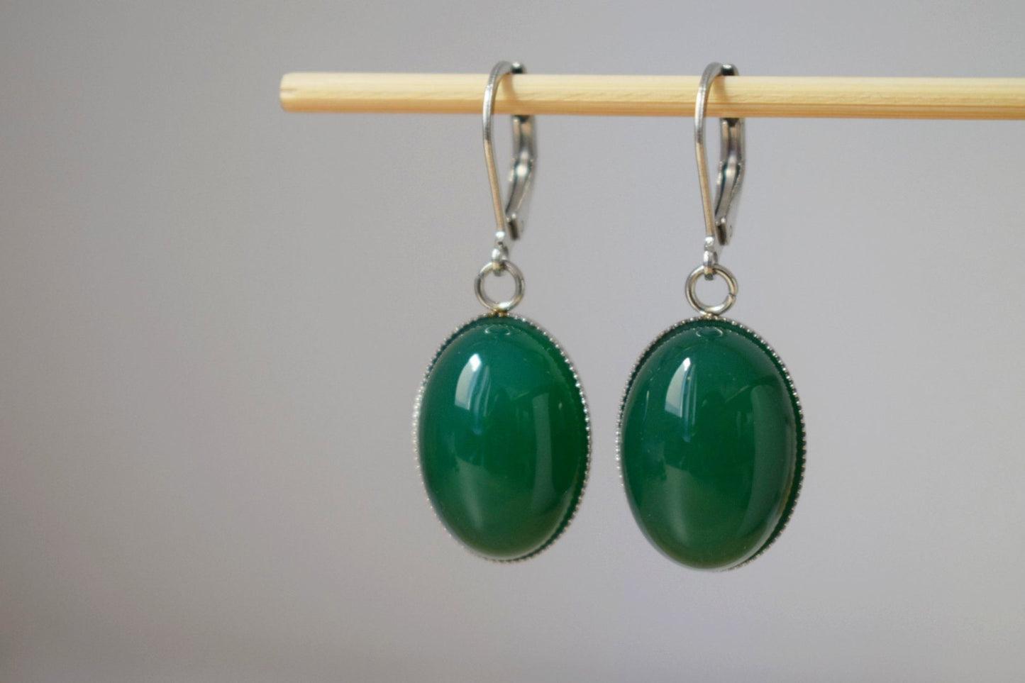 Huggie Hoop earrings with gemstone green agate, Oval stone dangle earrings, Stainless steel, Agate jewelry, Christmas gift for women